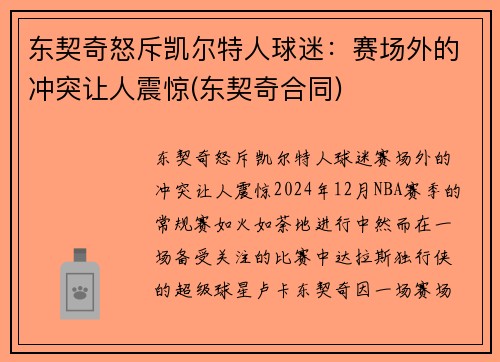 东契奇怒斥凯尔特人球迷：赛场外的冲突让人震惊(东契奇合同)