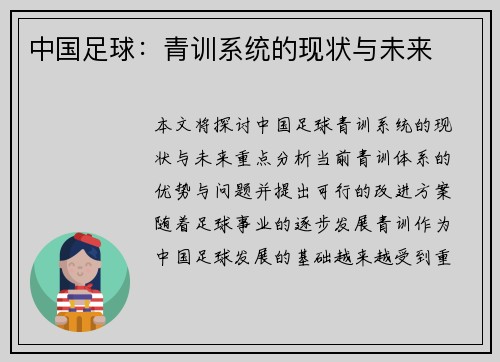 中国足球：青训系统的现状与未来