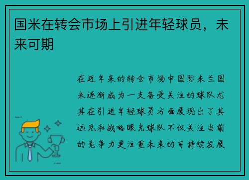 国米在转会市场上引进年轻球员，未来可期