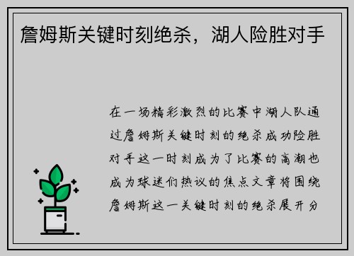 詹姆斯关键时刻绝杀，湖人险胜对手